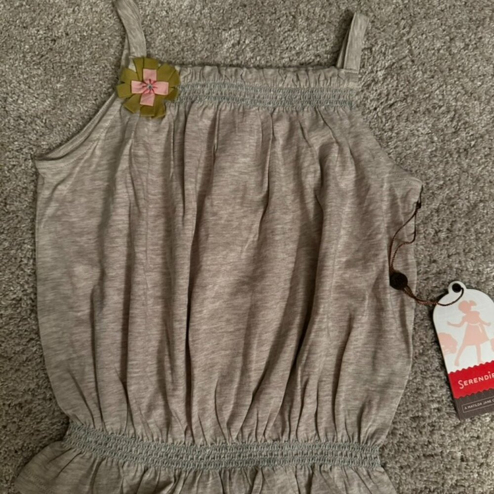 MATILDA JANE SIZE 4 HEATHER GRAY TANK WITH PINK GREEN FLOWER APPLIQUE